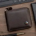 Dark brown men's short zipper wallet with brushed leather texture and metal logo - D656-4 Dark Brown