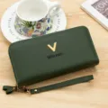 Pochette portefeuille pour femme en cuir grainé vert foncé avec double fermeture éclair - Vert
