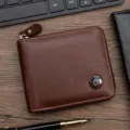 Premium men's brown short zippered wallet with brushed leather texture and metal logo - D656-4 Light Brown