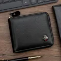 Premium black brushed leather zip-around short wallet for men with metal logo badge - D656-4 Black
