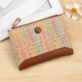 Small colorful woven leather wallet with zipper and snap button closure for women - Brown