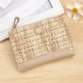 Stylish beige woven leather coin purse for women with zipper and snap button closure - Apricot