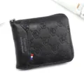 Fashionable black PU leather men's short wallet with secure zipper and embossed pattern - Black