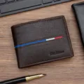 Vintage brown faux leather men's short wallet featuring stylish tri-color stripe detailing - Dark Brown