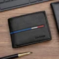Premium black vintage leather short wallet for men featuring a stylish tricolor stripe - Black