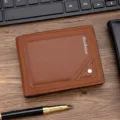 Brown embossed leather men's bifold wallet with logo on a professional wooden desk - Short Style (M455-4) / Light Coffee