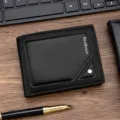 Elegant men's black embossed short wallet with MenBense logo on wooden background - Short Style (M455-4) / Black