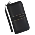 Modern black men's long leather clutch wallet with secure zipper and wrist strap. - 888-3 Style / Black