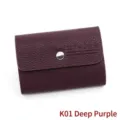 Minimalist pebbled leather card holder wallet with silver snap button in deep purple - Purple