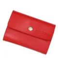 Elegant red pebble grain leather card wallet featuring a secure silver snap button - Red