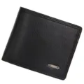 Elegant black textured leather men's short bi-fold wallet featuring a stylish metal logo plate - Black