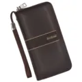 Men's dark brown lychee grain faux leather long wallet with zipper and wrist strap - 888-3 Style / Dark Coffee