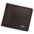 Classic men's dark brown pebble leather bifold wallet featuring a minimalist metal logo badge - Dark Coffee