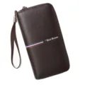 Brown men's long zip-around clutch wallet with striped detail and wrist strap - 888-4 Style / Dark Coffee
