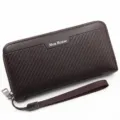 Men's brown long zipper clutch wallet with embossed diagonal stripes and wrist strap - 888-6 Style / Dark Coffee