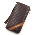 Elegant brown woven texture men's long clutch bag wallet with secure zipper closure - 888 Woven Style / Dark Coffee