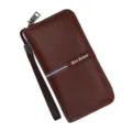 Classic dark brown men's long wallet with lychee texture zipper closure and strap - 888-4 Style / Light Coffee