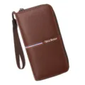 Premium brown faux leather long wallet for men featuring a wrist strap and zipper closure. - 888-4 Style / Light Brown