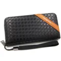 Elegant black woven leather men's long wallet with wrist strap and zipper closure - 888 Woven Texture / Black