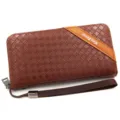Professional men's long woven leather wallet with zip closure and wrist strap brown - 888 Woven Texture / Light Coffee