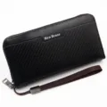Men's large capacity black leather long wallet with zipper and wrist strap detail - 888-6 Style / Black