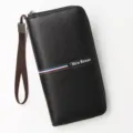 Black men's long leather clutch wallet with wrist strap and tricolor stripe detail - 888-4 Style / Black