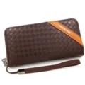 Business brown woven leather men's long wallet with orange stripe detail - 888 Woven Texture / Dark Coffee