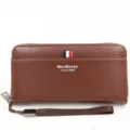 Men's business brown leather clutch wallet with lychee texture and wrist strap detail - Long Zip Style (888-12) / Light Coffee