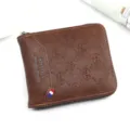 Stylish brown men's PU leather bifold zip wallet with embossed logo and brand text - Dark Brown