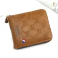 Brown embossed PU leather short wallet for men with zipper and logo pattern. - Tan