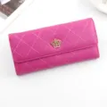 Stylish pink quilted faux leather long wallet for women featuring a gold crown metal emblem - Rose Red (87#)
