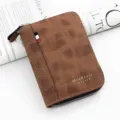 Fashionable men's short brown zipper wallet with matte leather and gold lettering - Light Coffee