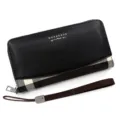 Men's black long PU leather clutch wallet with stylish plaid patchwork and zipper closure - Style 2023-2 Checkered / Black