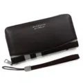 Premium men's long PU leather wallet with a stylish checkered pattern and wrist strap - Style 2023-2 Checkered / Dark Coffee