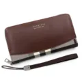 Men's brown PU leather long wallet with classic plaid stitching and wrist strap - Style 2023-2 Checkered / Light Coffee