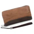 Portefeuille long zippé en cuir PU bicolore marron pour homme avec dragonne amovible - Style 2023-1 Cousu / Café Clair
