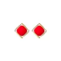 Detailed view of elegant red matte square stud earrings with gold plating and crystals. - Matte Gold Red (E2008)