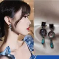 Vintage style drop earrings with colorful resin cabochons and antique silver finish - Vintage Color-Block Teardrop Style (E0159)