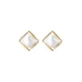 Detailed macro view of elegant gold geometric stud earrings featuring centered square pearl - Square Pearl White (E2008)
