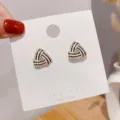 Elegant triangle stud earrings with black stripes and sparkling rhinestones for women - Triangular Striped Rhinestone Style (E0224)