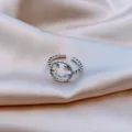 Close-up of silver open ring featuring a smiley face with star eyes and chain detail. - Star-Eyed Smiley Hollow Style (J0019) / Adjustable Open