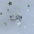 Detailed view of a silver-tone smiley face charm ring with chain-link band design - Chain Texture Smiley Pendant Style (J0021) / Adjustable Open