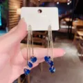 Elegant blue heart crystal tassel drop earrings with shiny gold plating metals - Blue Heart Tassel Style (E0826)