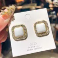 Elegant square stud earrings featuring white center and gold-plated rhinestone frame - White Square Rhinestone Style (E1340 White)