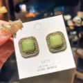 Elegant pale green square stud earrings with rhinestone border and S925 silver needle - Green Square Rhinestone Style (E1340 Green)