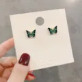 Elegant butterfly stud earrings with green and blue enamel on gold plated metal base - Gradient Butterfly Style (E0195)