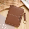 Petit portefeuille élégant en cuir marron texturé avec fermeture éclair et anneau - Style Court à Fermeture Éclair (R433-49) / Avec Porte-clés / Marron