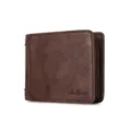 Men's vintage brown leather tri-fold wallet featuring a classic embossed logo detail - Dark Coffee