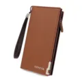 Professional men's brown long PU leather wallet with wrist strap and GEFEYA logo - Light Coffee (8006-3)