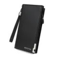 Long black PU leather men's wallet with textured finish and removable wrist strap - Black (8006-3)